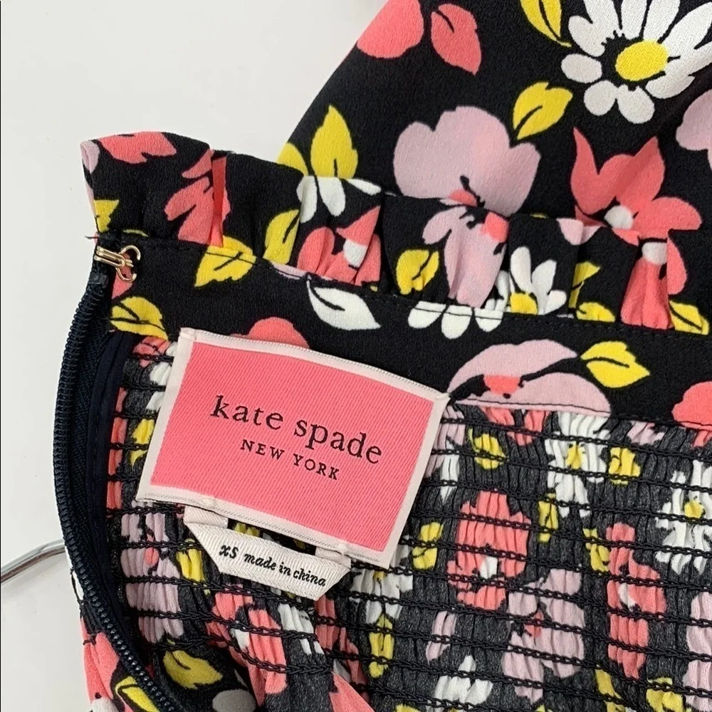 Kate Spade Road Trip floral shift dress smocked long sleeve ruffle black pink XS